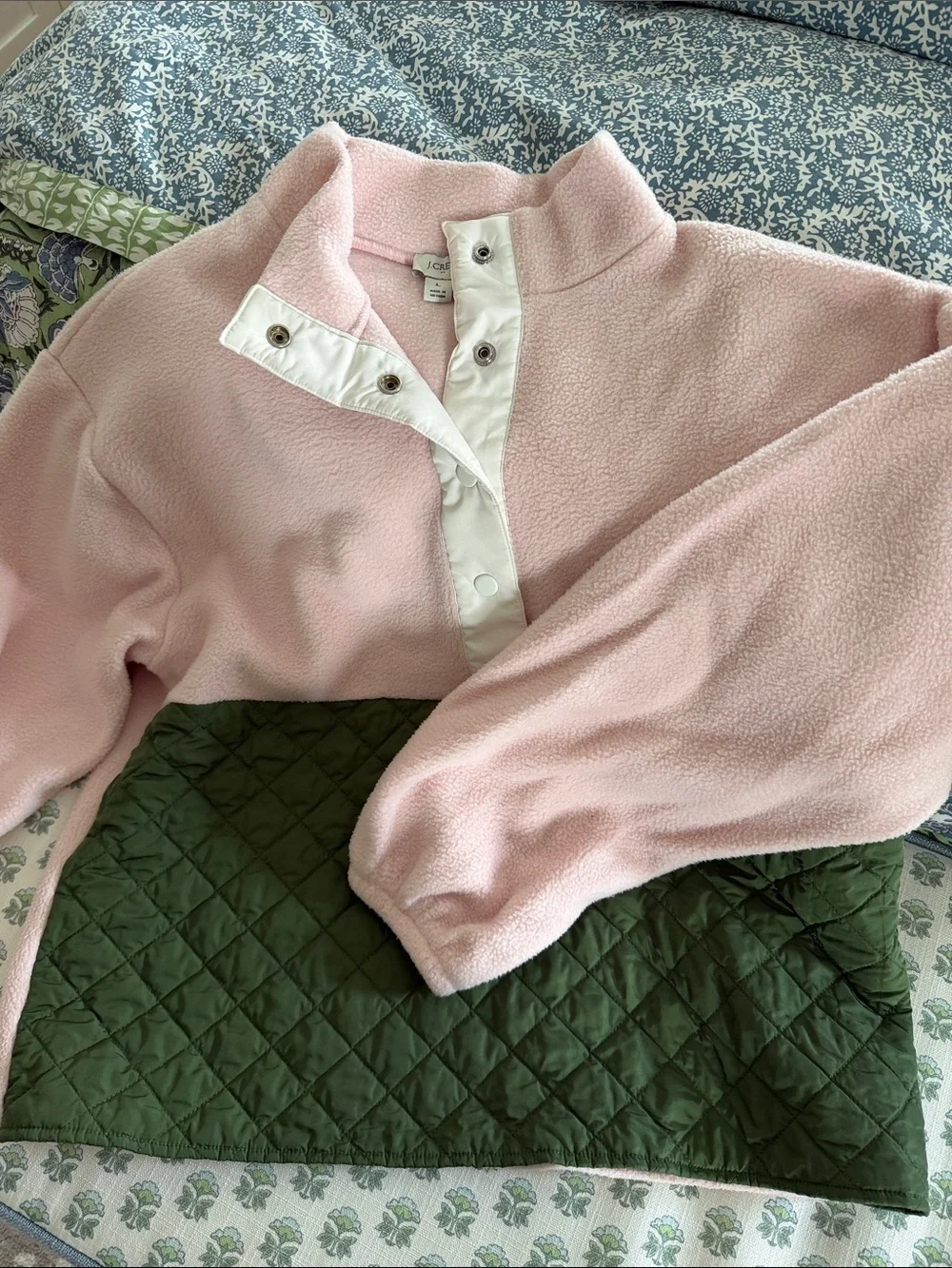 J. Crew Pink Fleece Pullover with Olive Quilted Hem
